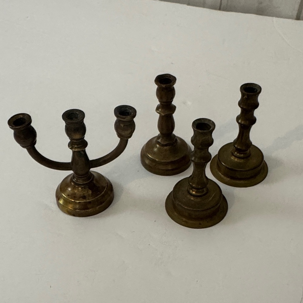 Set of 4 Vintage Dollhouse Miniature Brass Candle Holders & Candelabra